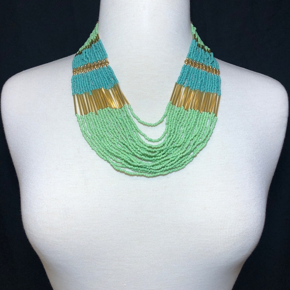Green Tones Seed Bead Layered Necklace Earring Set - Picture 2 of 3